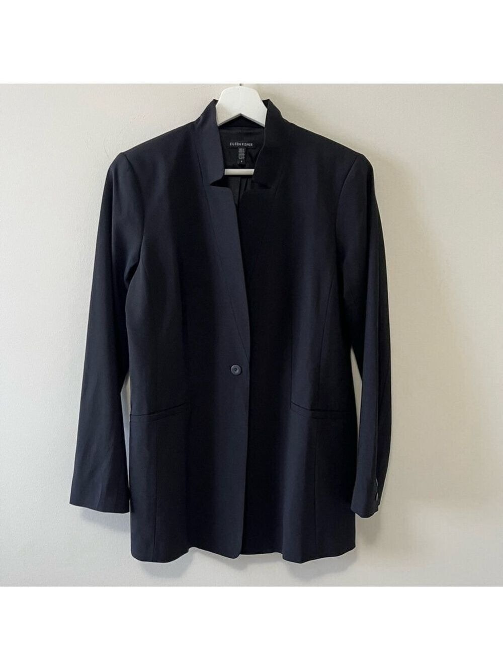 EILEEN FISHER CLASSIC LONG BLACK WOOL SILK BLEND BLAZER